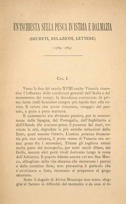 Un'inchiesta sulla pesca in Istria e Dalmazia : (decreti, relazioni, lettere) : (1764-1784) / Aldo Parenzo