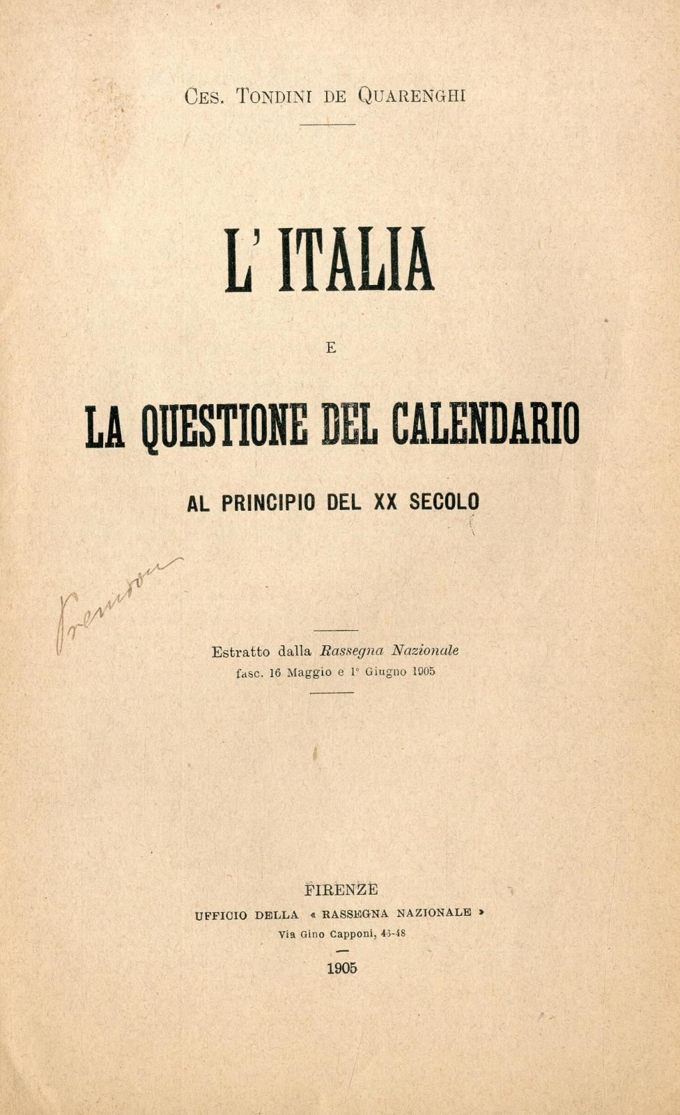 L'Italia e la questione del calendario al principio del XX secolo / Ces. Tondini de Quarenghi
